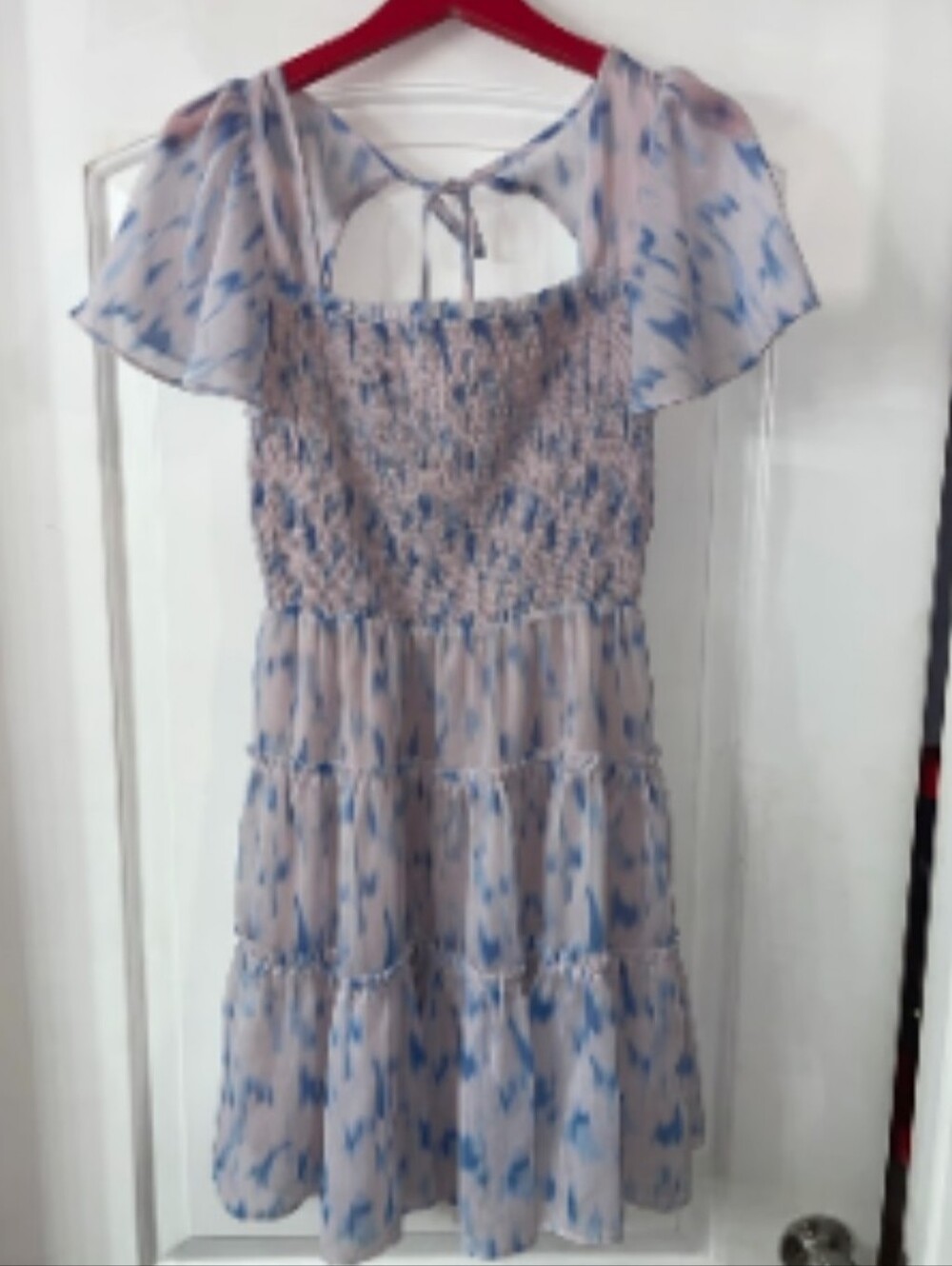 Storia Light Blue & Pink Smocked Tiered Midi Dress